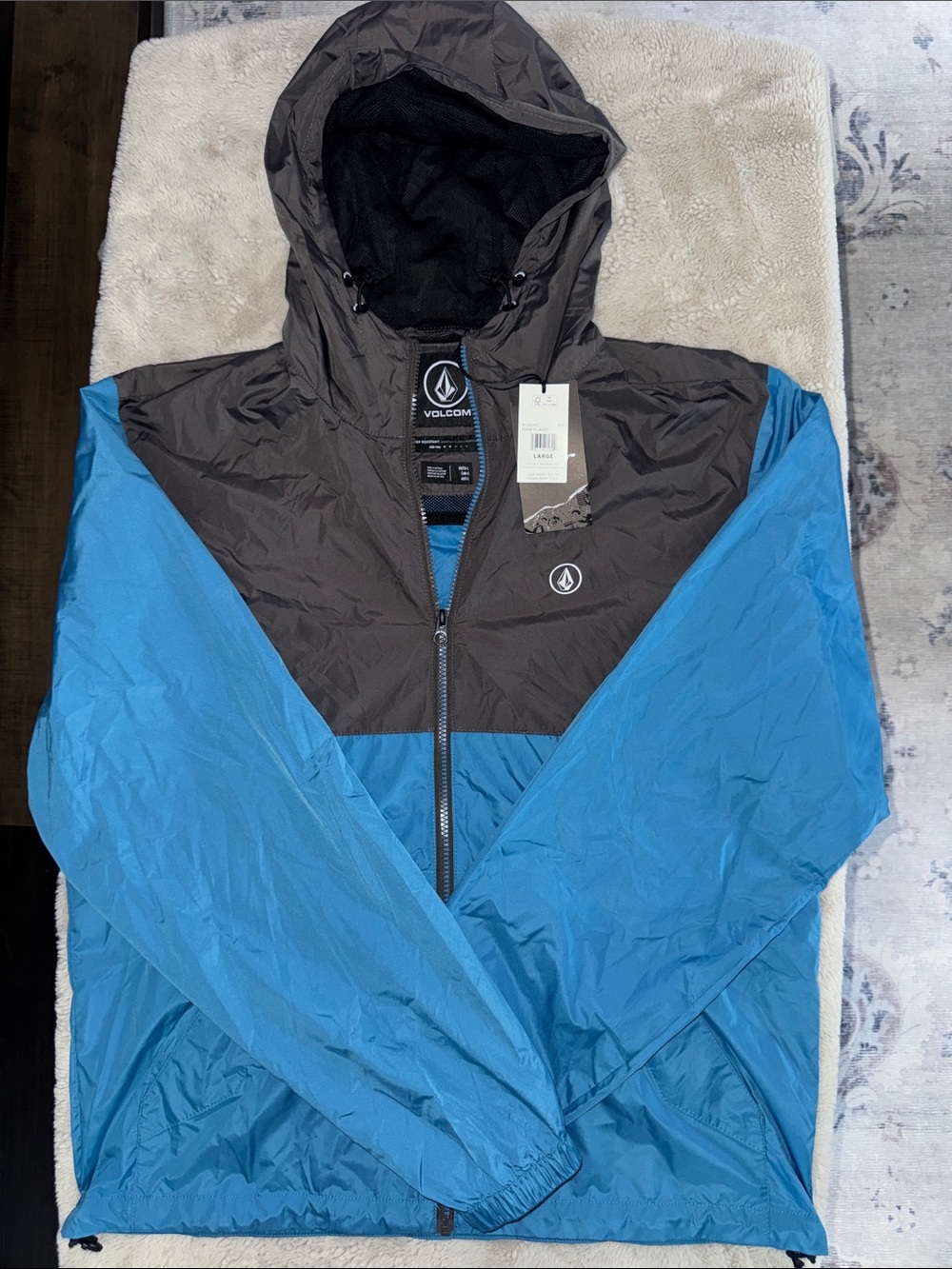 Volcom Blue and Dark Gray Hooded Windbreaker Jacket